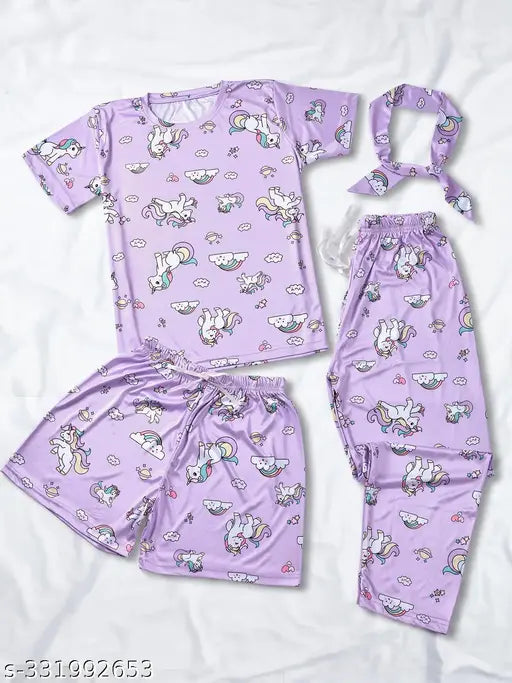 Unicorn print silk night suit set (t-shirt, pajamas, shorts), soft inside, shiny outside, comfortable luxury sleepwear