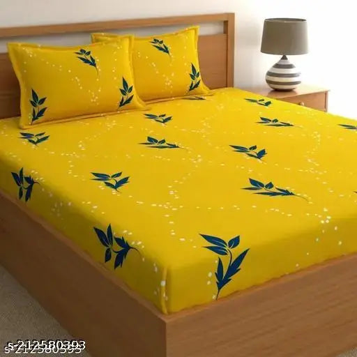 Cream Flower Glace Cotton double king size fitted bedsheet with elastic and 2 pillow covers, ideal for summer use