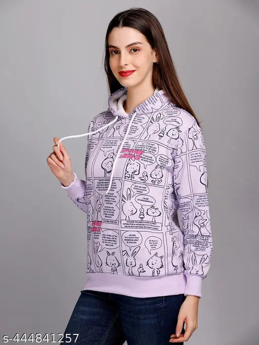 Fleece blend women's winter hoodie sweatshirt with pockets (Flee39 Series), printed net design, long sleeves - Large size, gentle machine washable, fleece fabric from India
