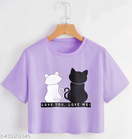 Oversized printed cotton blend crop top set, heart design, pack of 4 with short sleeves and round collar, Indian origin