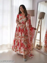 Georgette white kurta with dupatta, printed long-sleeved Indian outfit for women, single size S-XXL from India