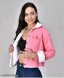 Denim solid full fur twil jacket for women, long sleeves and single-color design