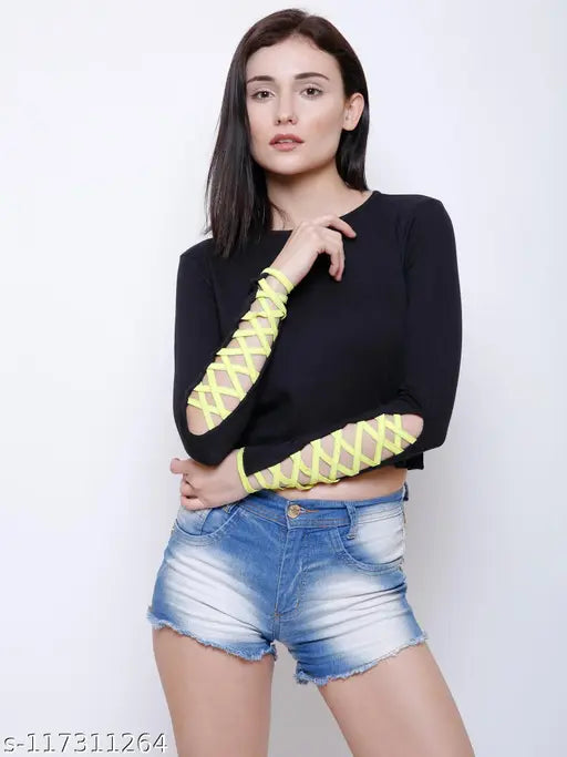 Black cotton women's top, long sleeves, solid pattern, casual cutout design by Marzeni, size S-XL