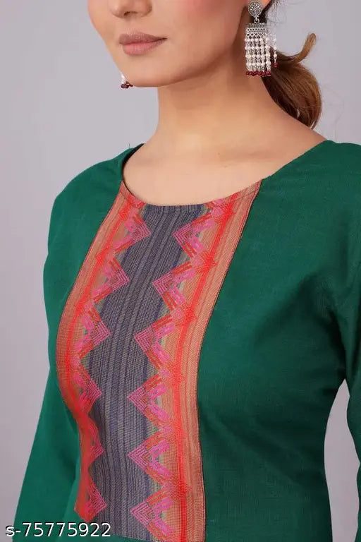 Green pure cotton Kurta and Palazzo set with three-quarter sleeves, solid net floral print on display