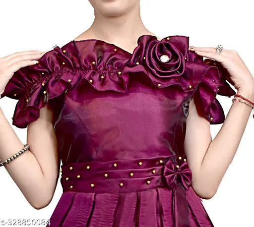 Purple silk blend, short-sleeved glamorous frock for girls (4-5 yrs - 8-9 yrs). Moti embellishments, versatile styling for parties or formal events. Indian ethnic design