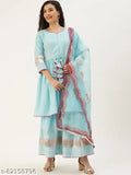 Sky blue solid nylon Kurta sets with Sharara & dupatta, cotton blend, three-quarter sleeves, India origin