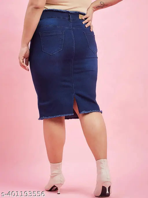 Plus size stretchable denim pencil skirt, solid cotton blend, India-made fashion for women in various sizes (36, 38, 40, 44, 48)