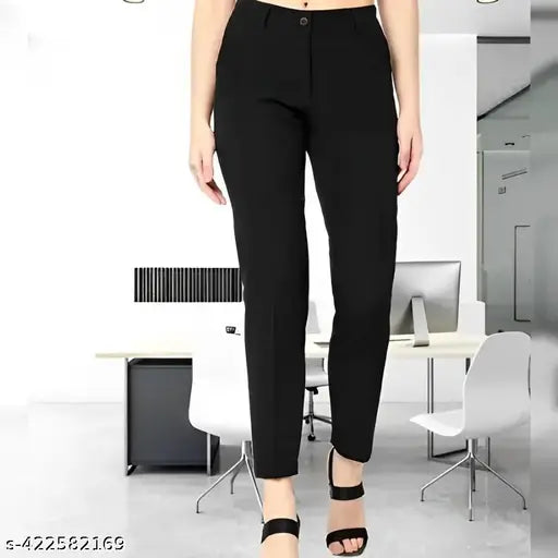 Black lycra blend women's high-rise straight fit trousers, formal and casual, India origin