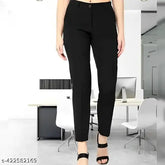 Women's black lycra blend regular fit trousers, high rise, straight leg, formal casual office wear