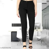 Black lycra blend women's high-rise straight fit trousers, formal and casual, India origin