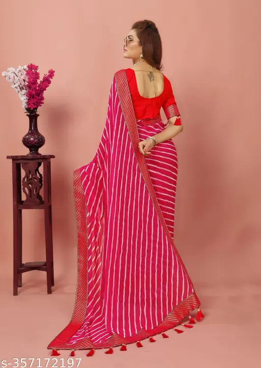 Shibori Georgette print silk Lehriya saree with solid blouse and lace detail, free size, 5.5m length, India origin
