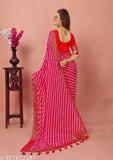 Shibori Georgette print silk Lehriya saree with solid blouse and lace detail, free size, 5.5m length, India origin