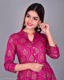 Designer rayon kurti with printed embroidery, three-quarter sleeves, available in sizes S-XXXL