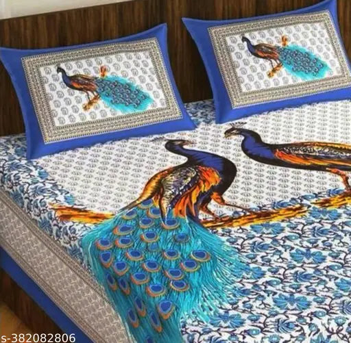 Sanganeri peacock printed cotton queen bedsheet combo, soft & smooth finish, vibrant colors, machine washable with soak method