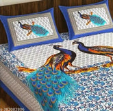 Sanganeri peacock printed cotton queen bedsheet combo, soft & smooth finish, vibrant colors, machine washable with soak method