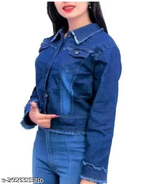 Denim, long-sleeve solid teen patti jacket for women. High-quality Indian craftsmanship