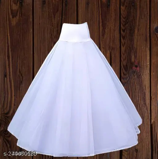 White net petticoat for a-line wedding dress, perfect for a pluffy look. Remove creases or steam before wearing. Hand wash and store carefully. Hoop skirt, sizes 24-52, India origin