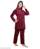 Soft wool women's nightsuit in XL size, featuring long sleeves and pyjama bottoms. Made by Ninish Apparel, India." (125 characters)