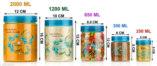 Green premium plastic dry fruit jars (2000ML, 1200ML, 650ML, 350ML, 250ML), pack of 30 with matching spoons for kitchen storage