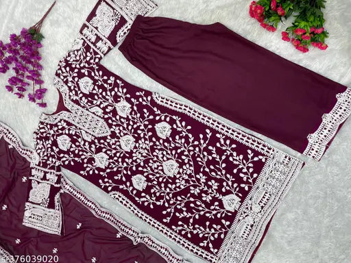 Georgette embellished top and palazzo with dupatta suit, featuring heavy chine stitch embroidery, three-quarter sleeves. Soft silk bottom, micro cotton inner lining. Available in sizes L, XL, XXL (Indian measurements)
