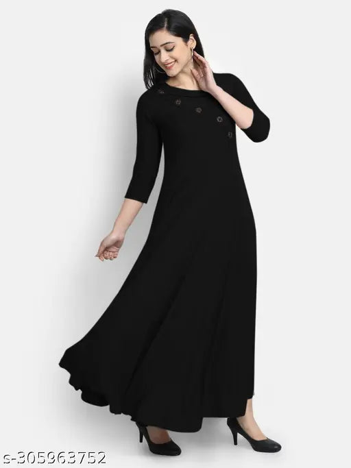 Women's solid rayon flared gown, three-quarter sleeves, single color, daily wear. Rayon dress on hanger, showcasing flared style and three-quarter sleeves. Sizes: S (36in bust, 52in length), M (38in bust, 52in length), L (40in bust, 52in length), XL (42in bust, 52in length), XXL (44in bust, 52in length), XXXL (46in bust, 52in length). Made in India
