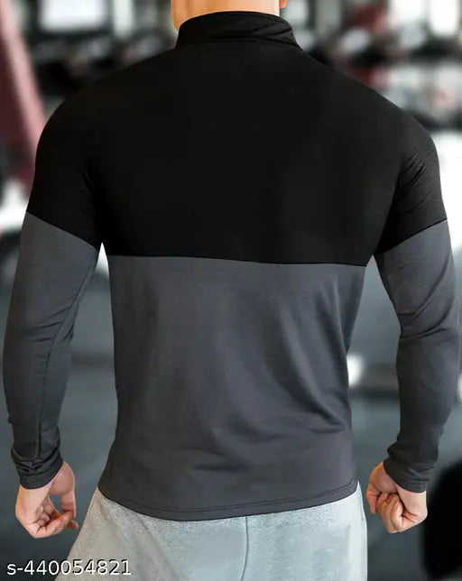 Grey and black colorblocked full-sleeve t-shirt for men, polyester fabric on mannequin