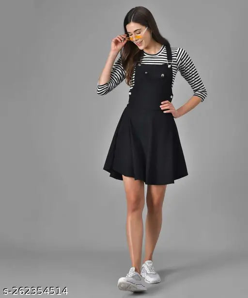 New shoot black cotton blend striped dungaree - Indian-made three-quarter sleeve fashion