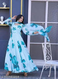 Floral print Georgette stitched flared A-line gown, sky color with long sleeves, Indian handcrafted evening wear