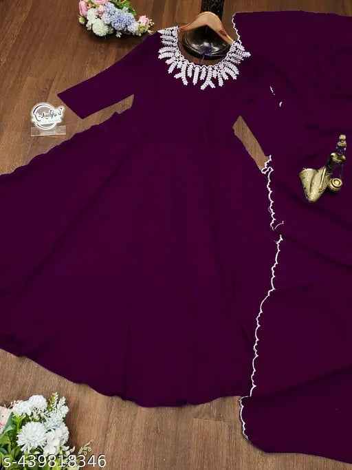 Purple Georgette Anarkali gown with dupatta, embroidered, long sleeves, Nack line embellishment, lace detail, size S-XXXL. Indian handcrafted evening wear