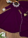 Purple Georgette Anarkali gown with dupatta, embroidered, long sleeves, Nack line embellishment, lace detail, size S-XXXL. Indian handcrafted evening wear