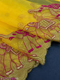 Beautiful multi-thread embroidered saree with elephant design in mustard yellow, off white, black, steel gray, and sky blue, made from super net and dupion silk