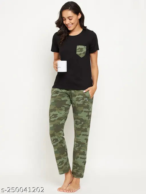 Black and camouflage cotton BIG BEAR Women's solid t-shirt & pyjama set - comfortable & stylish sleepwear