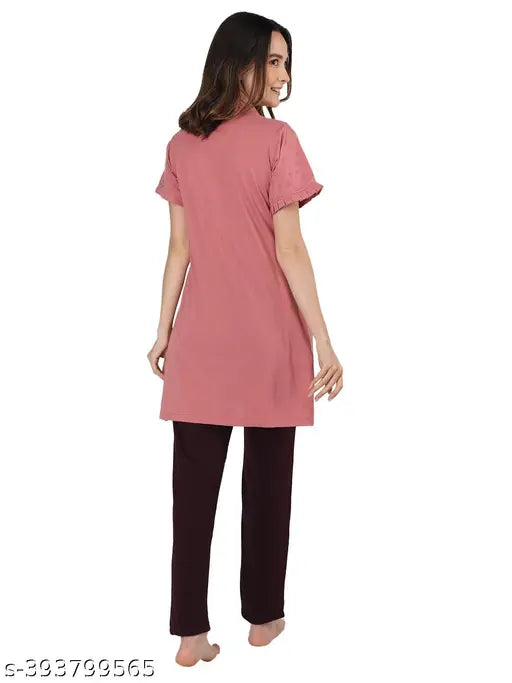 Duchess Women's cotton embroidered long length night suit set in XL, featuring comfortable pyjamas with short sleeves and side pockets. High-quality breathable cotton blend fabric. Ideal for sleepwear, loungewear, or active wear. Stylish design, easy care, machine washable. Made in India