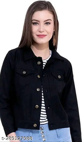 Black denim women's jacket by Fannox Enterprises, solid design, long sleeves, S size (bust 30in, length 23in)