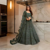 Embroidered semi-stitched net lehenga choli and dupatta, fashionable Indian bridal wear for size 42