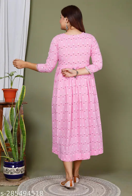 Printed rayon O neck hem gown with three-quarter sleeves, multicolor geometric design, Indian origin