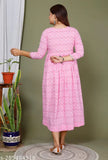 Printed rayon O neck hem gown with three-quarter sleeves, multicolor geometric design, Indian origin