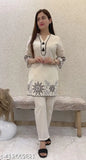 Off-white cotton blend top & bottom co-ord set for women, long sleeves, Ashnaina brand, Indian origin