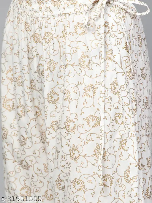 White Rayon Printed Kurta Set with Palazzos, Indian designer wear for women, featuring three-quarter sleeves and gold print details