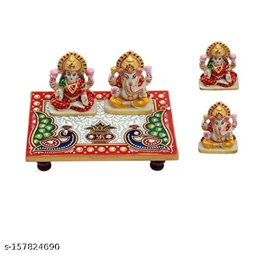 Handmade marble puja chowki with Lord Laxmi Ganesh, vibrant resin idols on a 6x4 inch chowki, ideal for Diwali gifting and celebrations