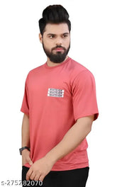 Peach cotton rich round neck half sleeve t-shirt, durable and odorless with printed net pattern for comfortable wear in all seasons (India origin)