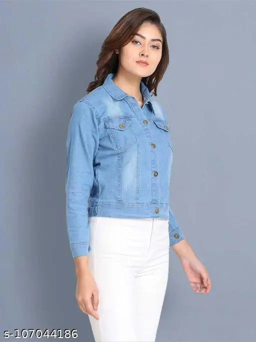Light blue denim jacket, long sleeves, solid pattern by Kashian Women from India