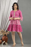 Pink viscose rayon dress, three-quarter sleeves, printed combo. Women's size S to XXL, comfortable and washable dress for office, home, or festive occasions. Made in India