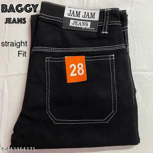 Black denim baggy straight-fit men's jeans with six pockets, distressed finish