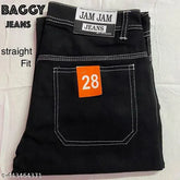 Black denim baggy straight-fit men's jeans with six pockets, distressed finish