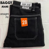 Black denim baggy straight-fit men's jeans with six pockets, distressed finish