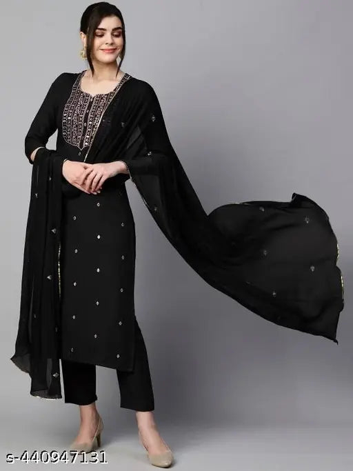 Black cotton blend printed straight kurta set with dupatta and bottomwear, embellished, three-quarter sleeves