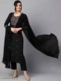 Black cotton blend printed straight kurta set with dupatta and bottomwear, embellished, three-quarter sleeves
