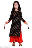 Black rayon ethnic kurti sharara set for kids, printed with red pattern, three-quarter sleeves, calf length