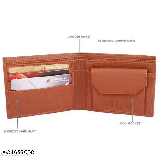 Trendy men's brown two-fold leather/leatherette wallet, durable with 2 compartments, solid design, Made in India